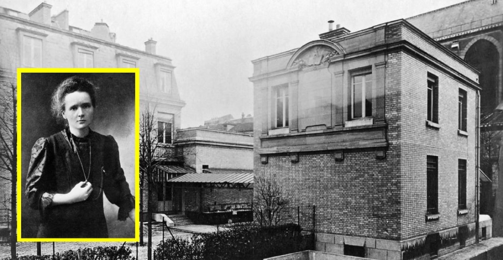 Marie Curie y el Pavillon des sources, del Instituto Curie.