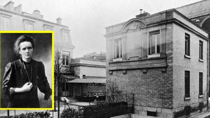 Marie Curie y el Pavillon des sources, del Instituto Curie.