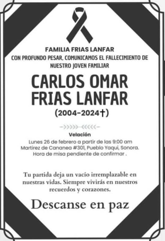 La esquela por el fallecimiento de Carlos Omar, uno de los soldados desaparecidos en el mar de Ensenada.
