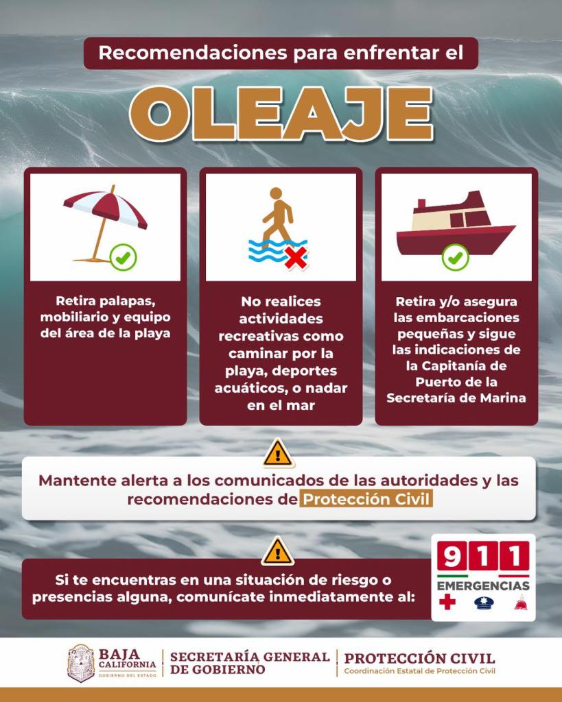 El aviso por oleaje elevado que emitió Protección Civil de Baja California.