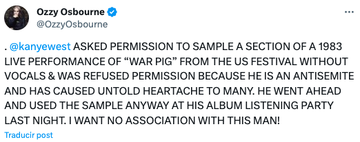 Ozzy Osbourne acusa a Kanye West de samplear una canción de Black Sabbath