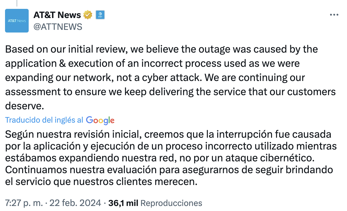 El anuncio de la caída del servicio de AT&T en Estados Unidos.