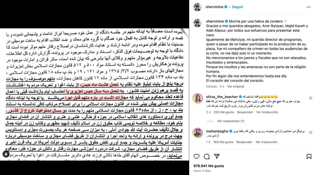 La posición del cantante iraní condenado a prisión por una canción sobre las manifestaciones en favor de las mujeres.