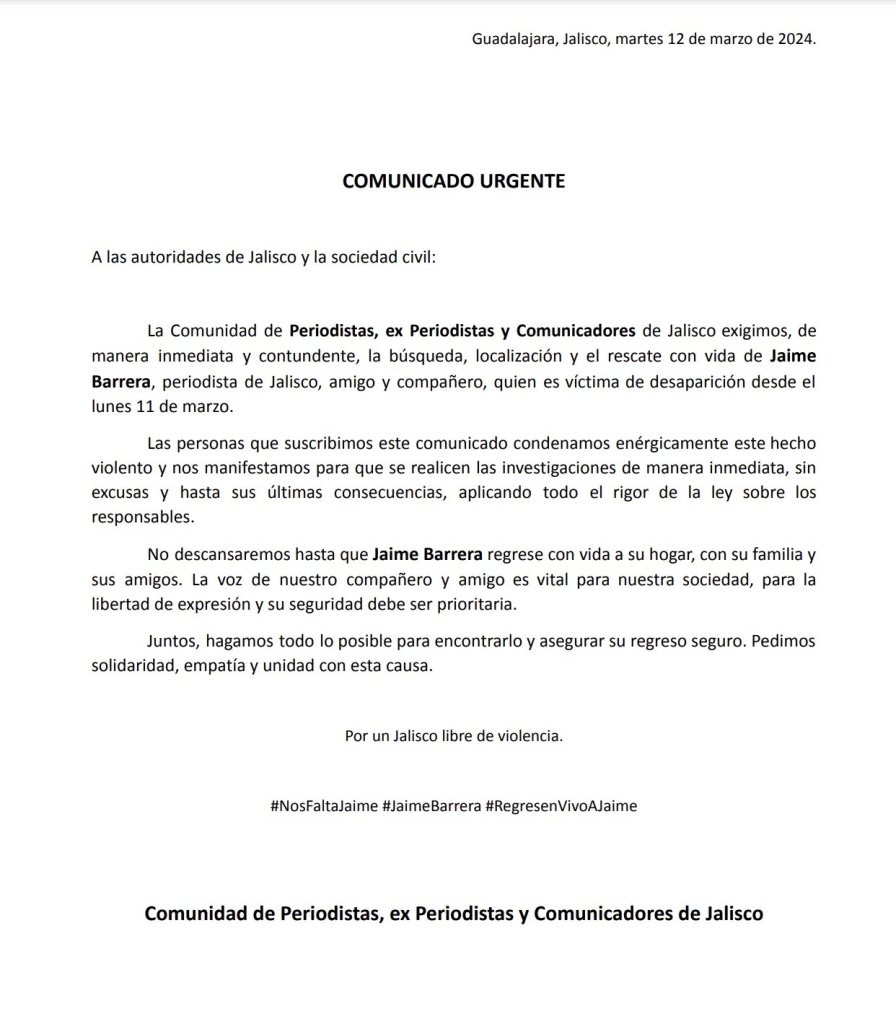 El comunicado de periodistas de Jalisco para exigir la aparición de Jaime Barrera.