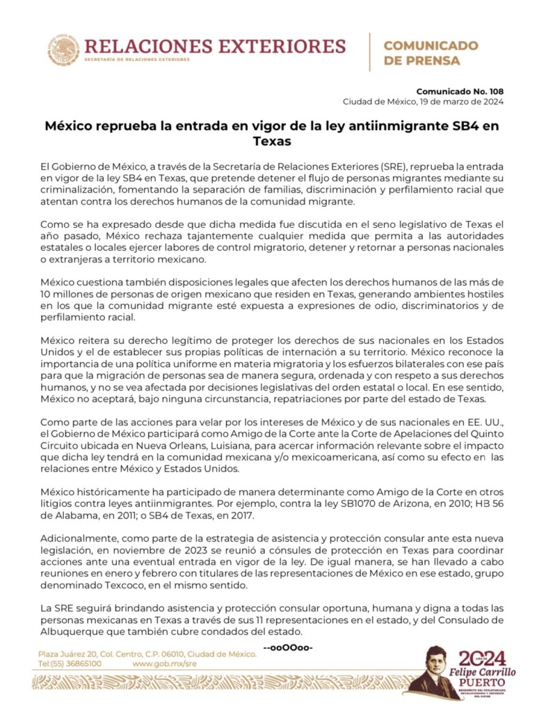 La posición de México ante la aprobación de la ley migratoria SB4 de Texas.