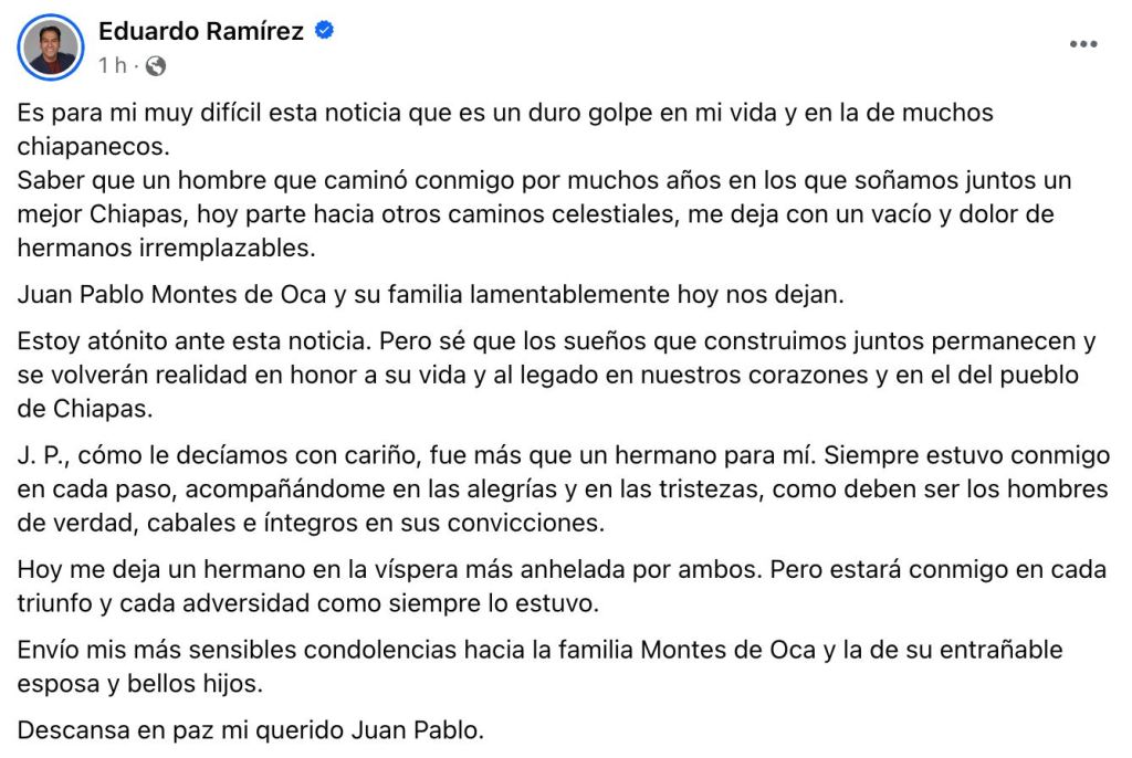El diputado Eduardo Ramírez lamenta la muerte del diputado federal.
