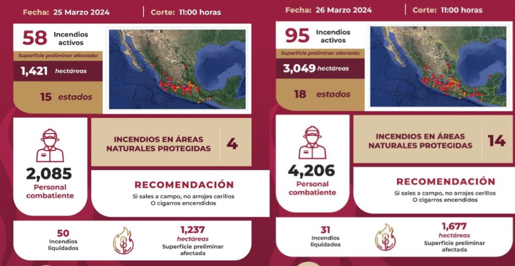 Los reportes de incendios forestales en México, según la Conafor.