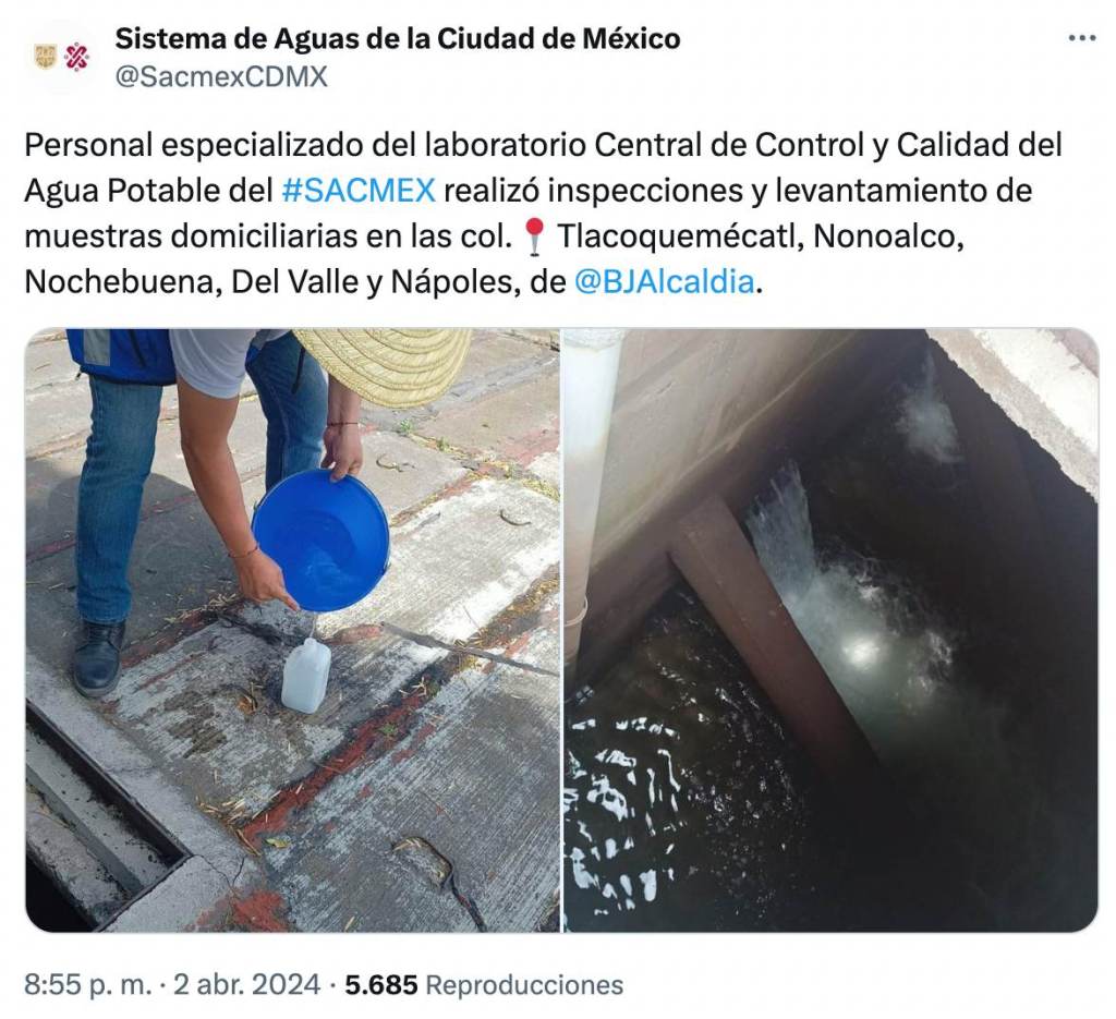 Personal de Sacmex tomó muestras de agua en varias zonas de la Benito Juárez.