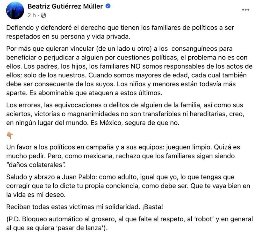 Beatriz Gutiérrez Müller pide juego limpio en campañas después del video del hijo de Xóchitl Gálvez