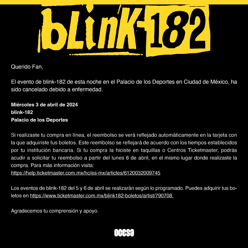 concierto cancelado de blink 182