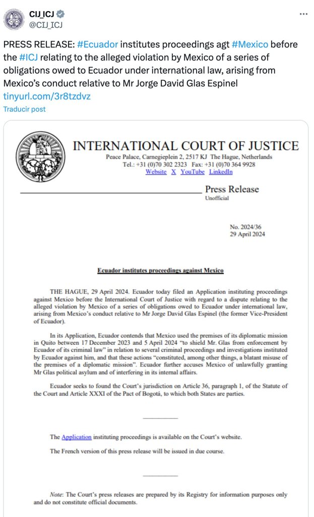 La demanda de Ecuador contra México en la Corte Internacional de Justicia
