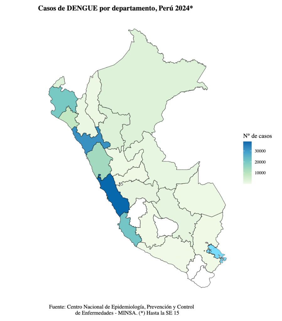 El mapa de los casos de dengue registrados en Perú.