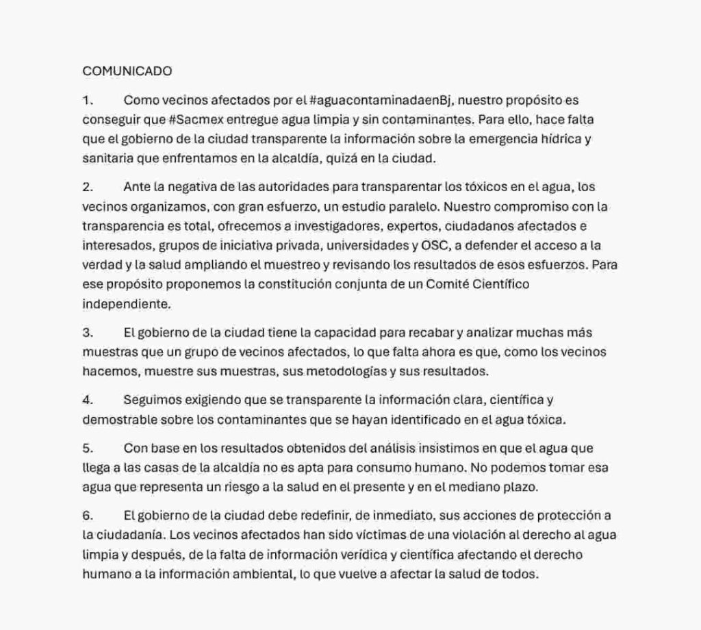 Cloroformo y más: Análisis de laboratorio confirman que el agua de la Benito Juárez está contaminada