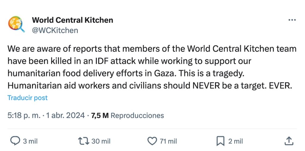7 voluntarios de la World Central Kitchen mueren en un ataque de Israel en Gaza