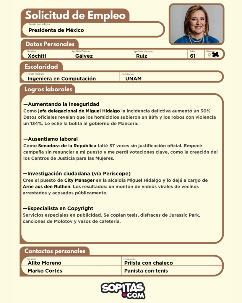 La solicitud de empleo de Xóchitl Gálvez rumbo a las Elecciones 2024
