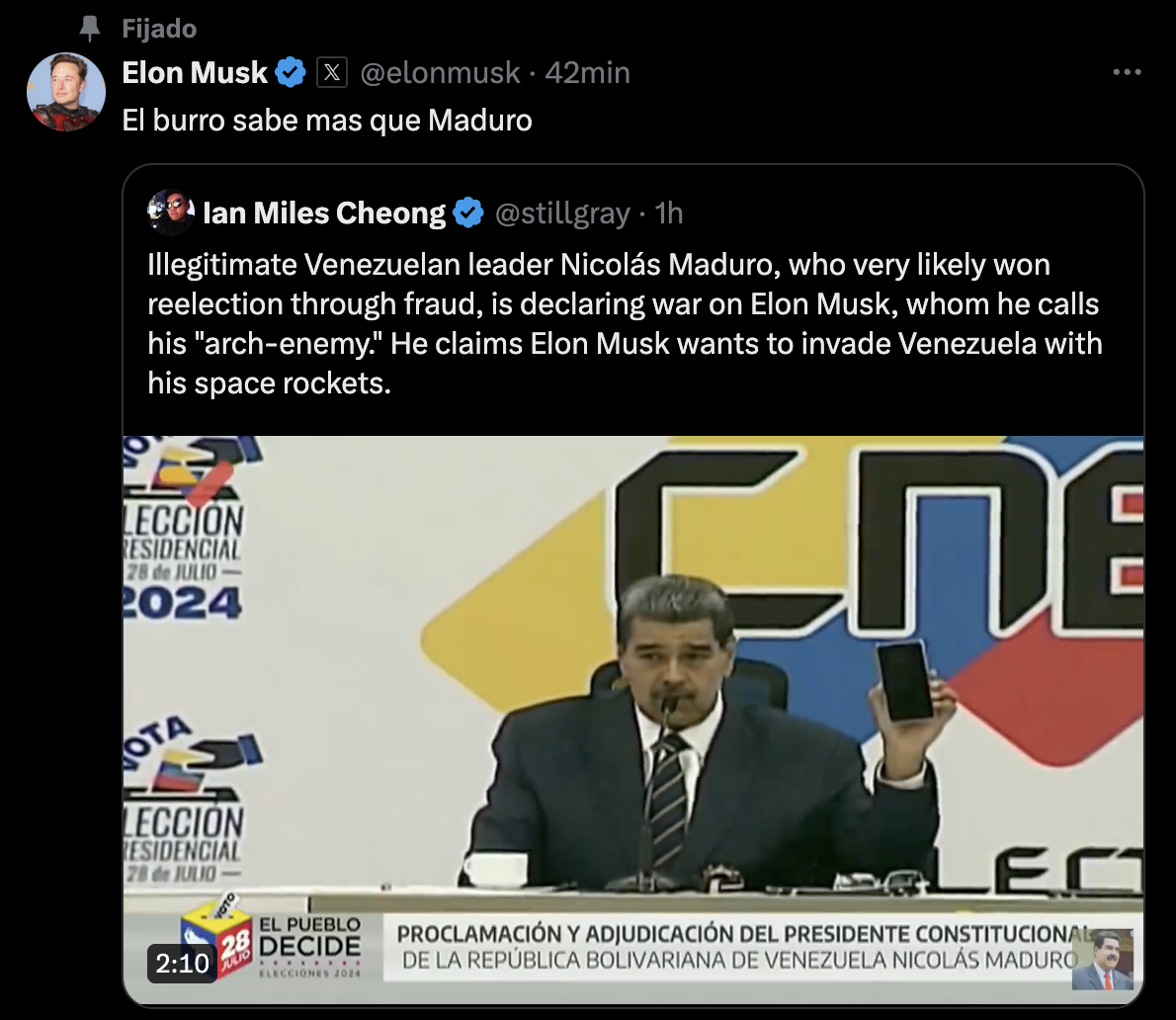 Nicolás Maduro nombra a Elon Musk como su 