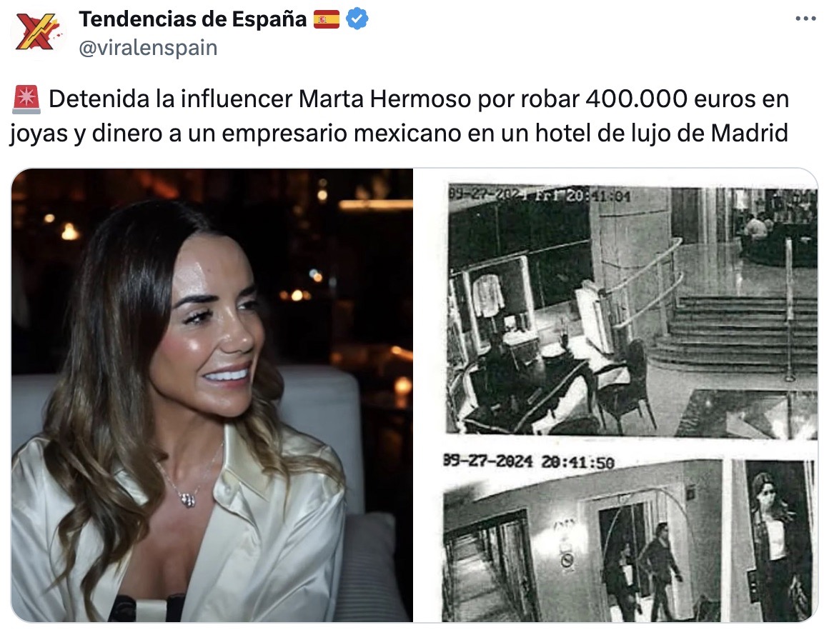 Influencer española es detenida por robo de 400 mil euros a empresario mexicano