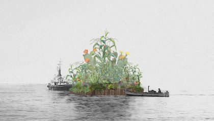 Collage de la Chinampa Veneta, 2025, Collage sobre una imagen del Teatro del Mondo de Aldo Rossi, © Chinampa Veneta