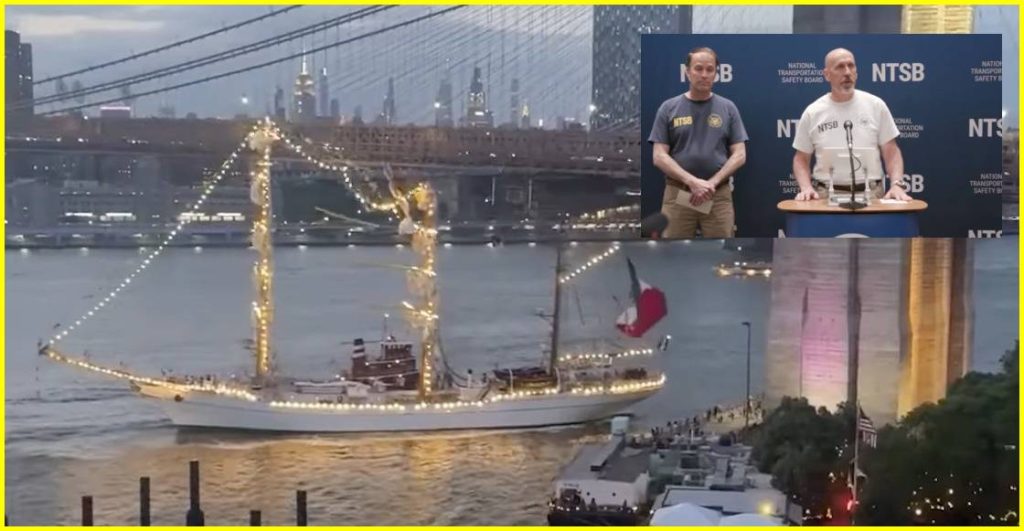 Datos preliminares sobre el choque del buque Cuauhtémoc contra el puente de Brooklyn.