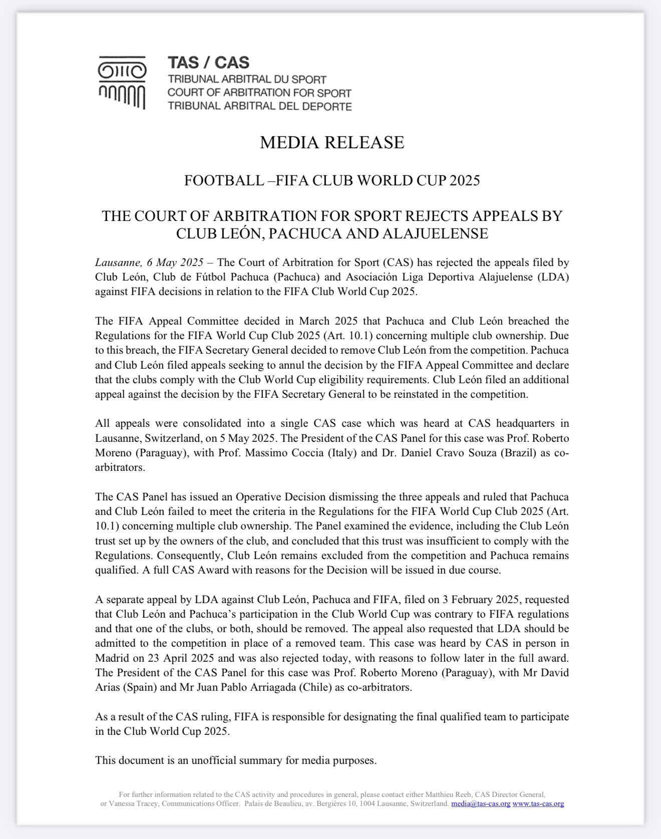 Comunicado TAS