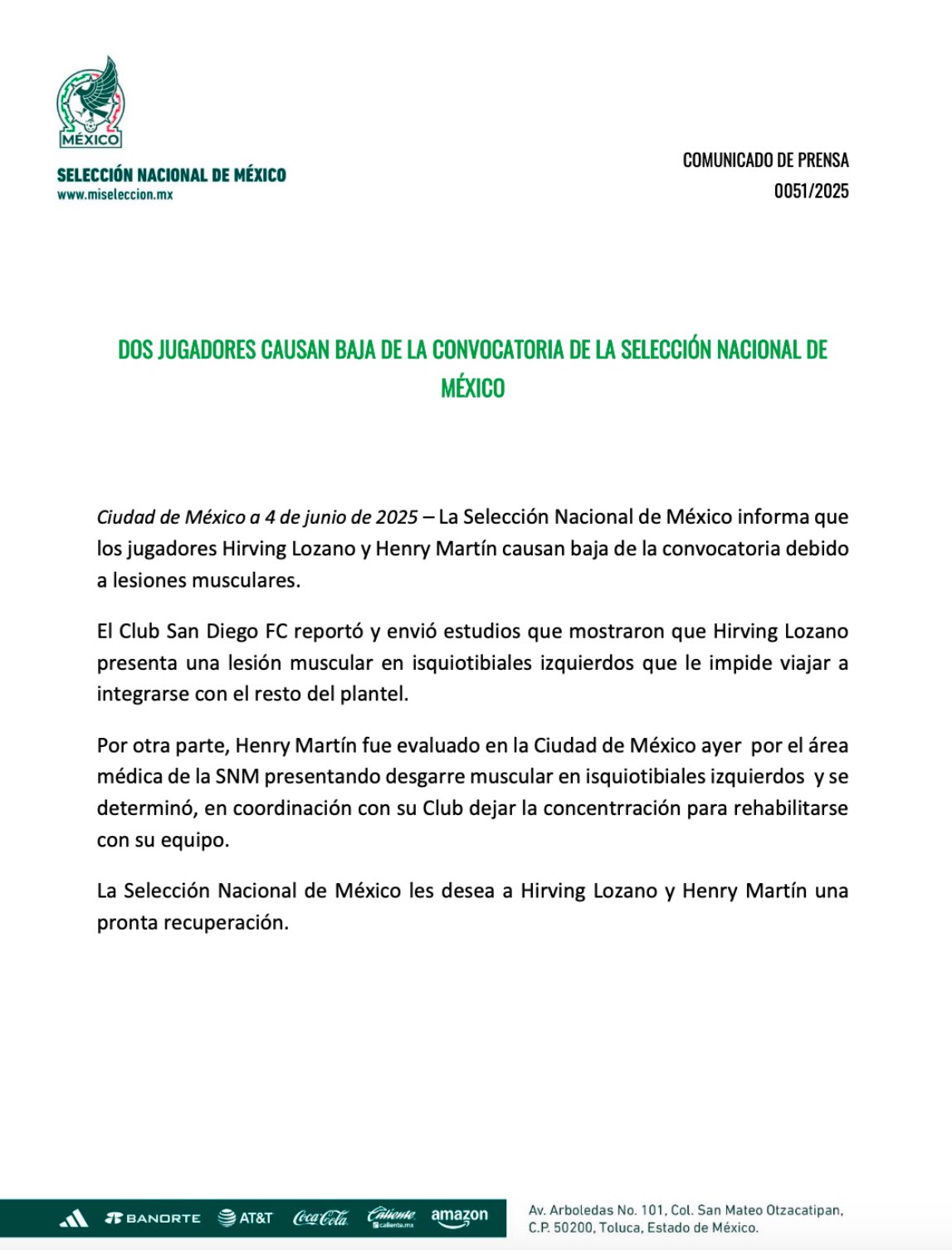 Comunicado de la Selección Mexicana