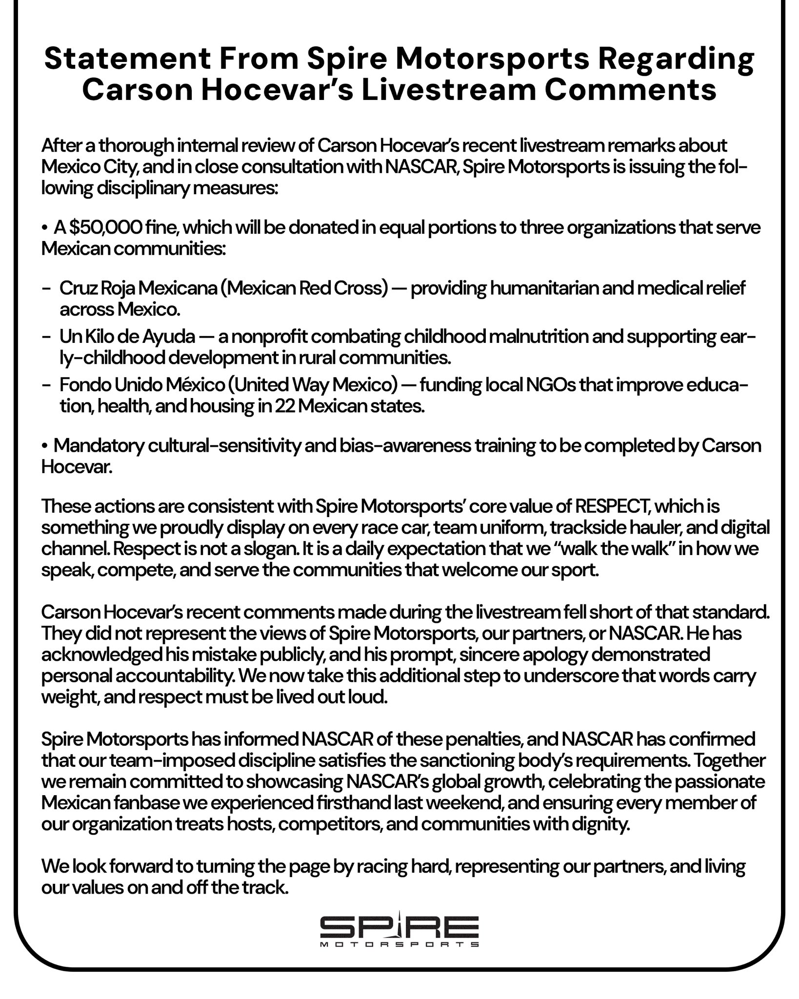 Carson Hocevar es multado por hablar mal de México en su visita con NASCAR