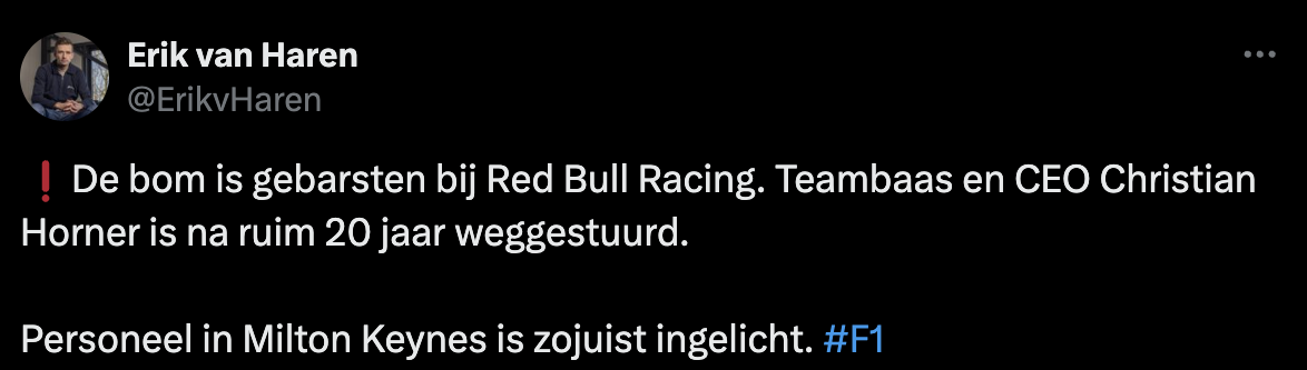 La publicación de Erik van Haren sobre el despido de Horner