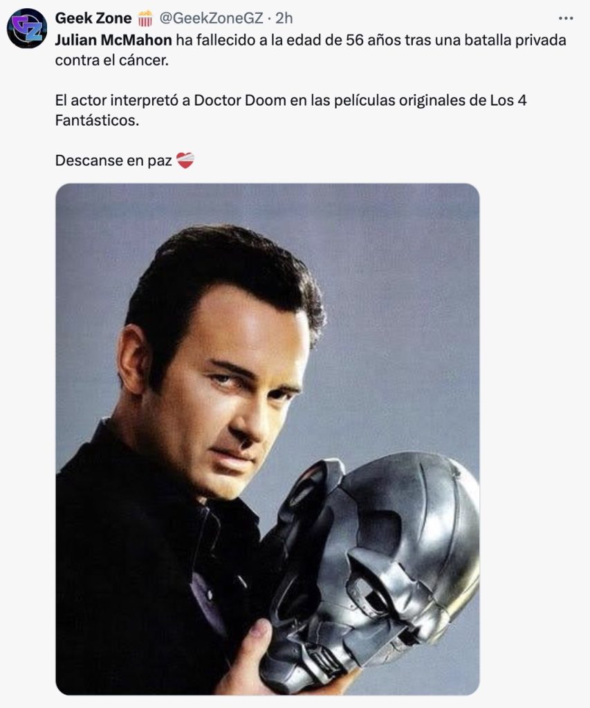 Muere el actor Julian McMahon, Dr. Doom en Los 4 Fantásticos