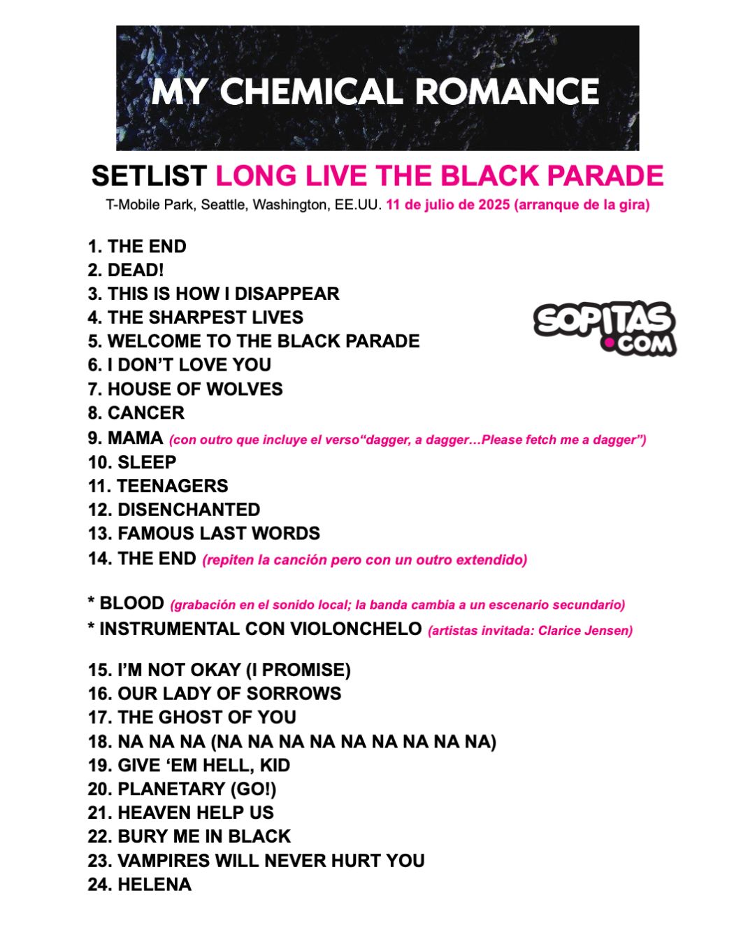 My Chemical Romance setlist long live the black parade