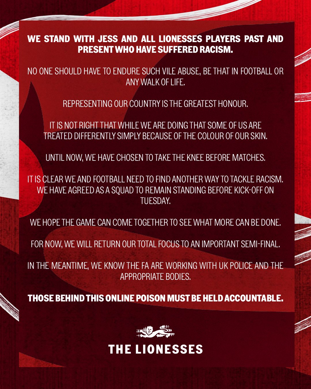 Selección Femenil de Inglaterra deja de arrodillarse para protestar contra el racismo