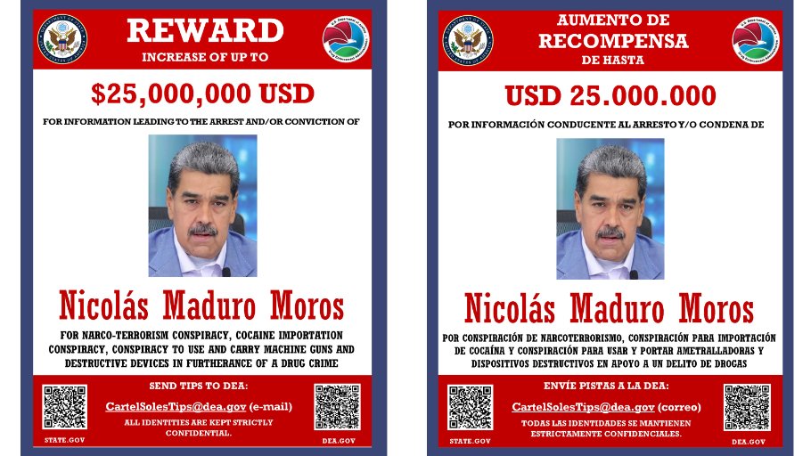 Estados Unidos ofrece recompensa por Nicolás Maduro por narcoterrorismo