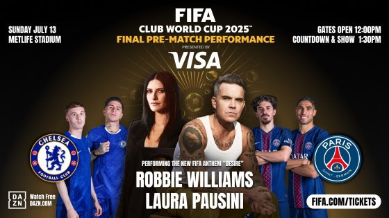 Robbie Williams y Laura Pausini en la final del Mundial de Clubes