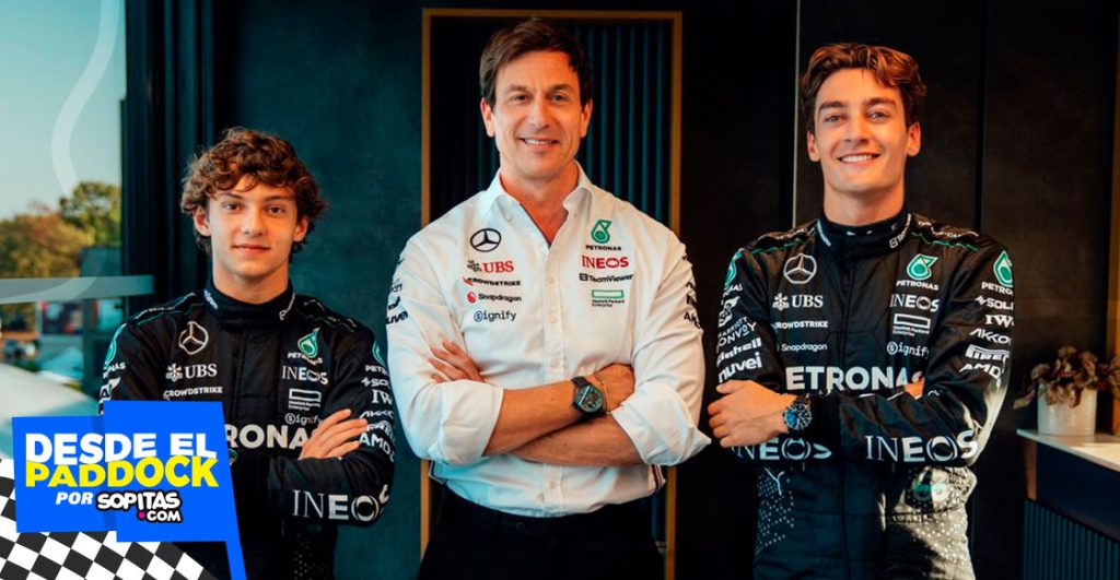 Toto Wolff junto a Kimi Antonelli y George Russell