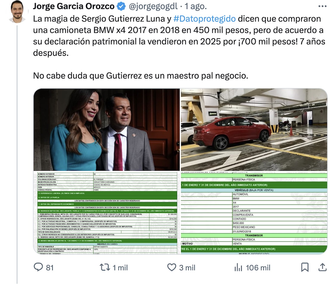 Austeridad a la 4T: Lujos y excesos de los diputados Sergio Gutiérrez y 'Dato protegido'