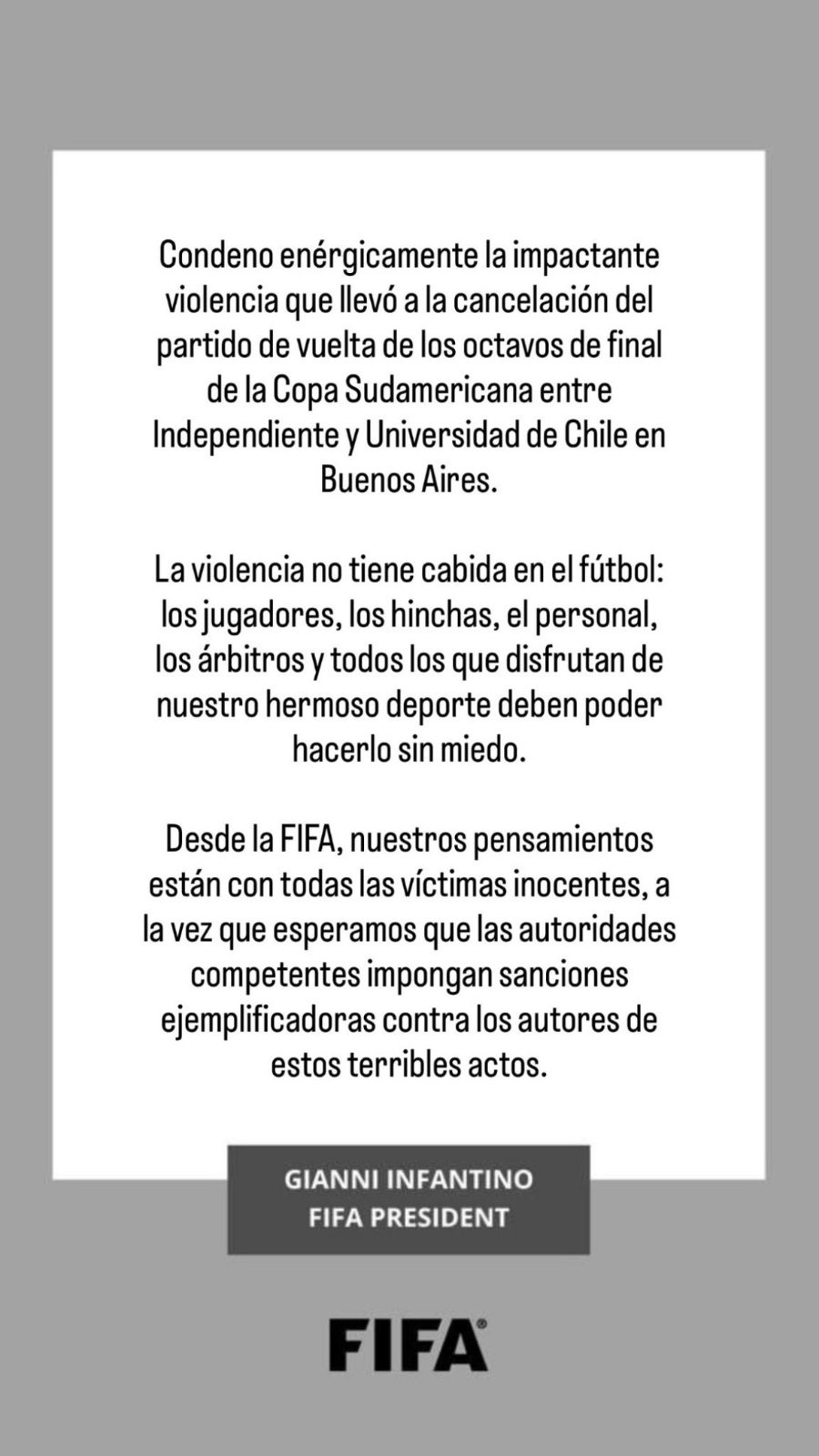 Infantino, Boric y más reacciones a la violencia en el Independiente vs U de Chile