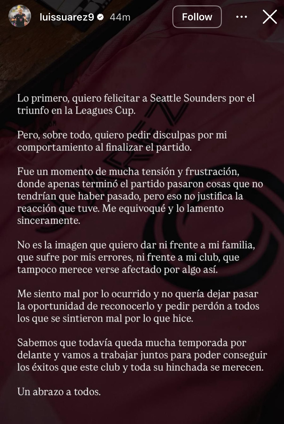 Luis Suárez se disculpa por escupitajo en la Leagues Cup