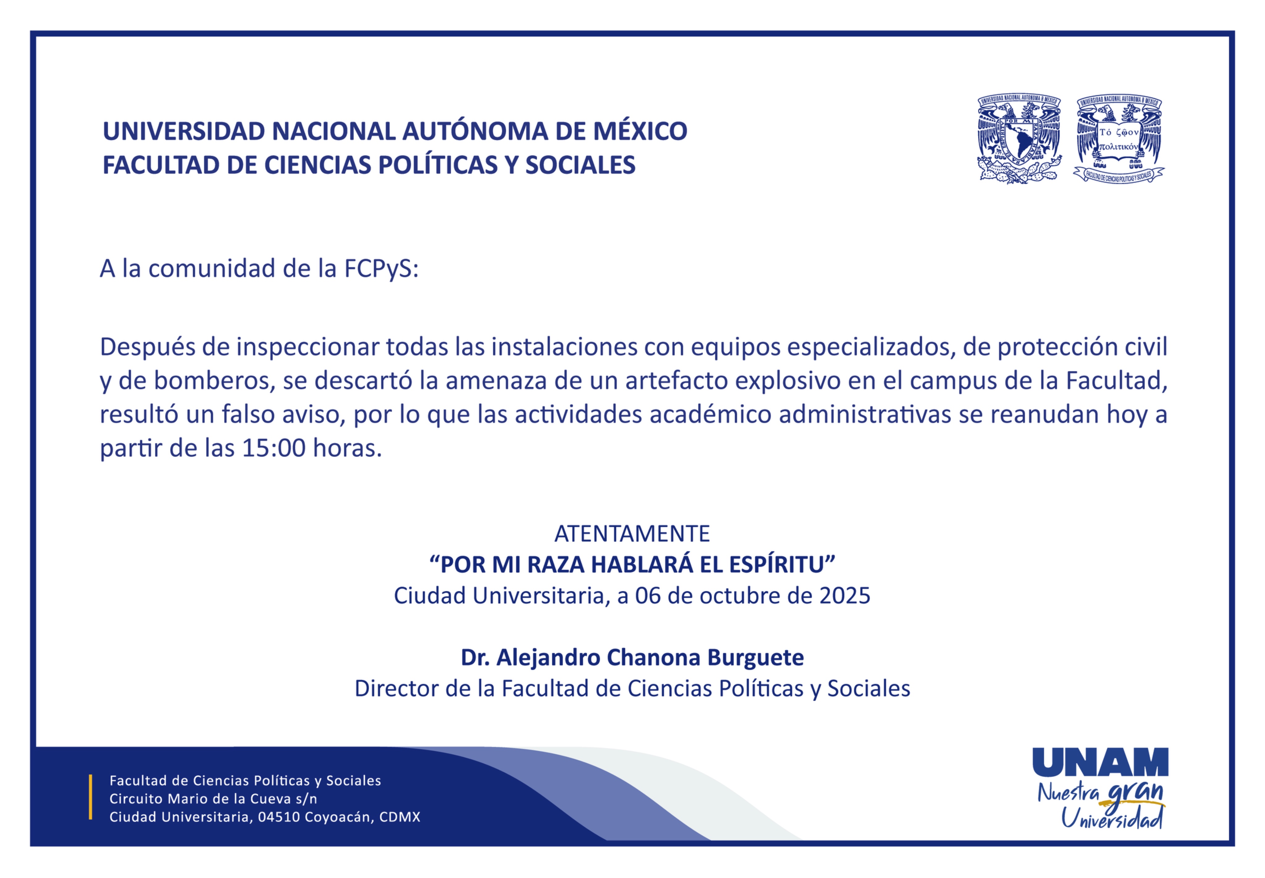 amenaza-de-bomba-facultad-de-ciencias-politicas-unam-comunicado