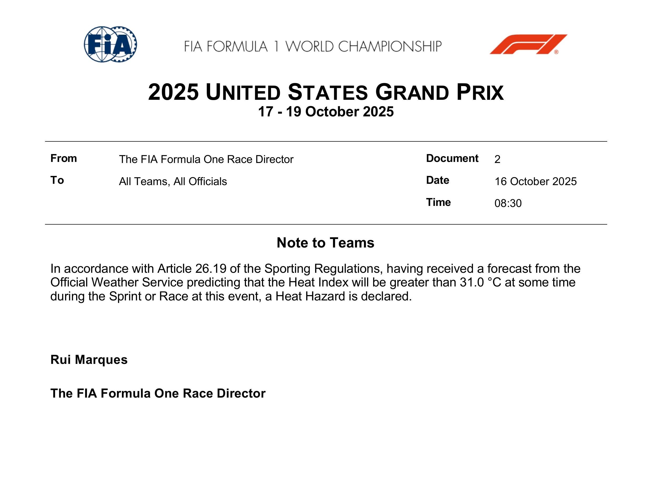 Riesgo de calor en el Gran Premio de Estados Unidos