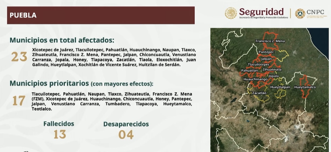 Municipios afectados en Puebla
