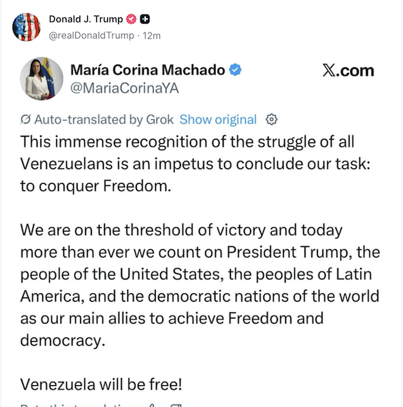 mensaje de maria corina machado nobel de la paz