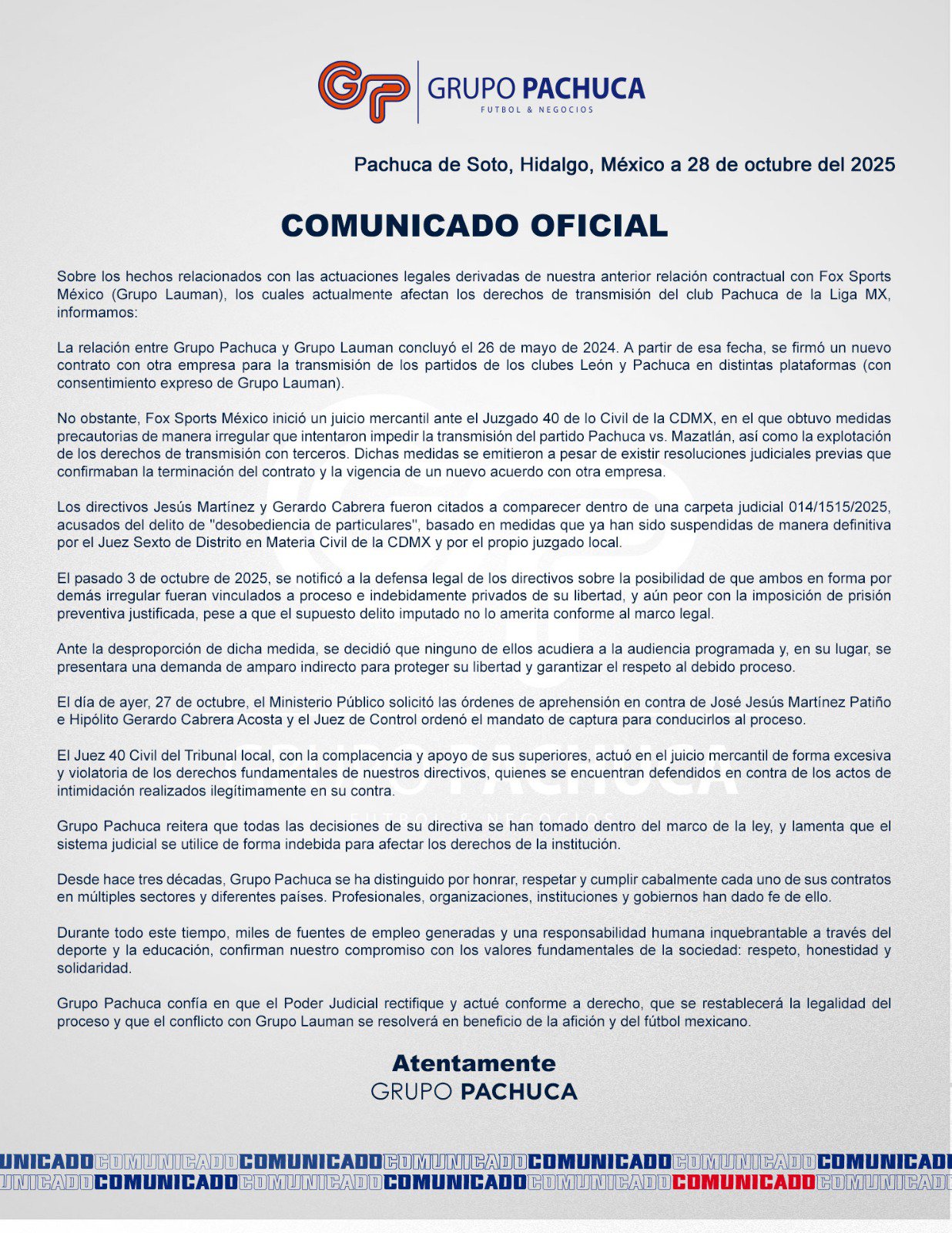 Comunicado Grupo Pachuca 