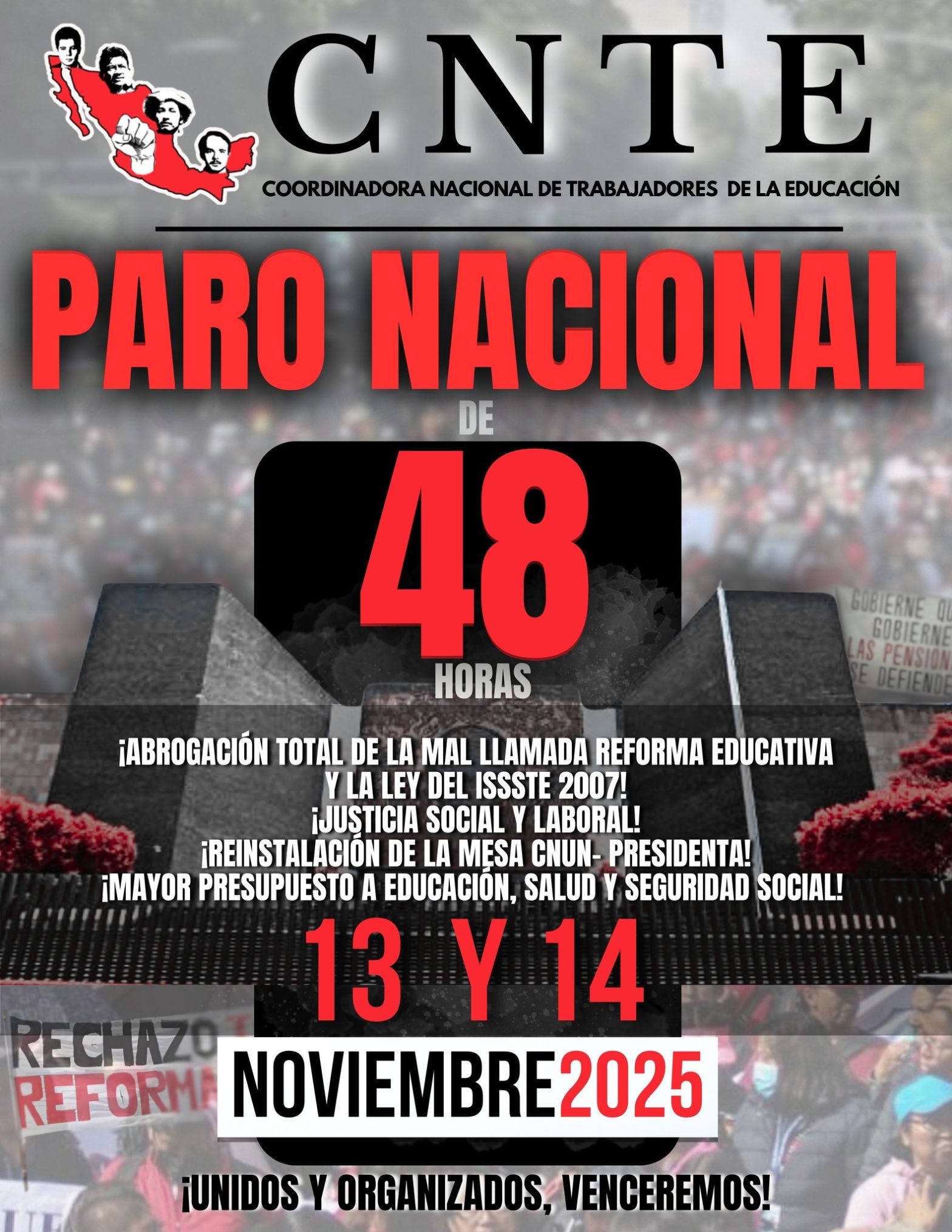 CNTE anuncia paro nacional de 48 horas y movilizaciones en todo el país
