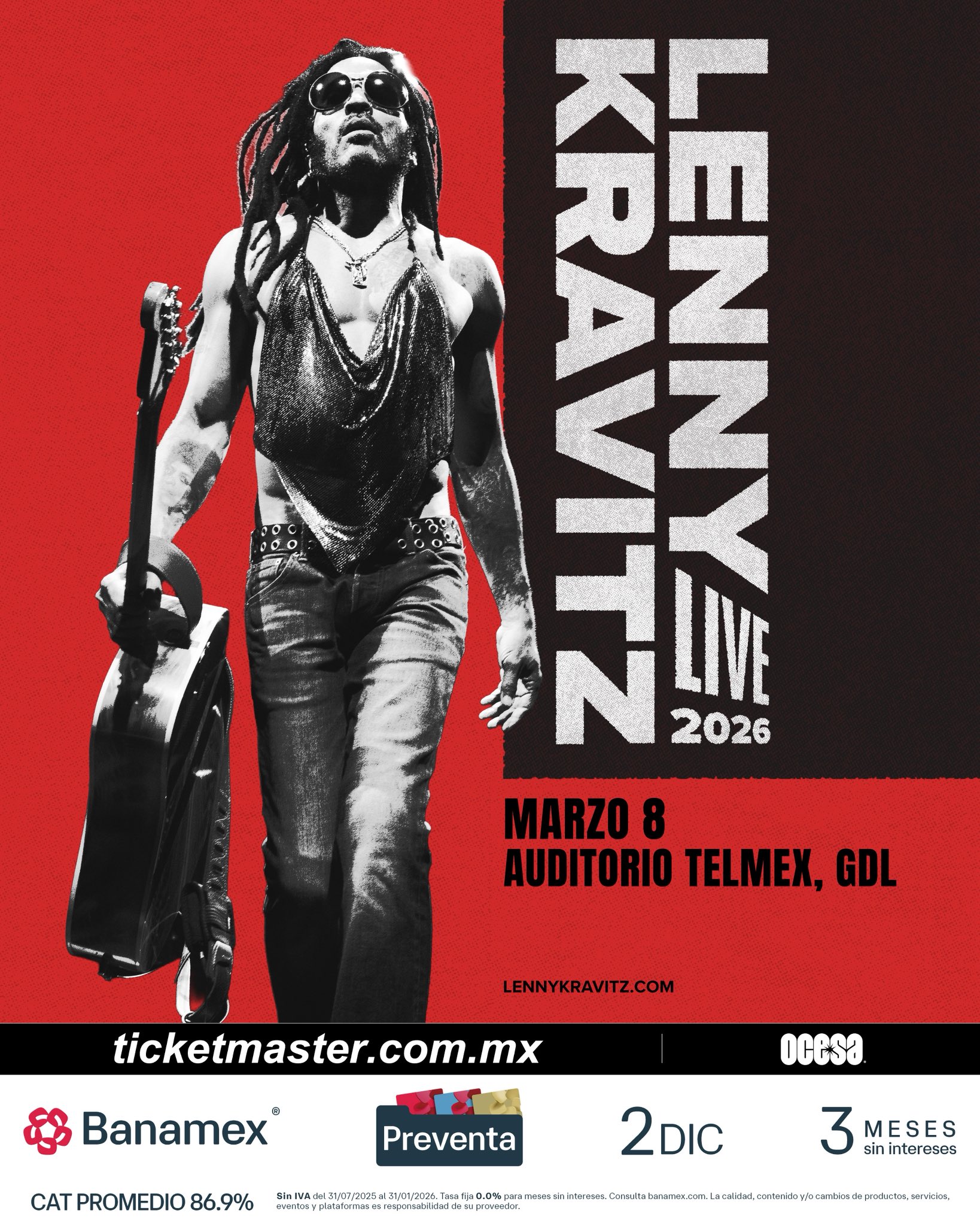 Lenny Kravitz también dará conciertos en Guadalajara y Monterrey en 2026