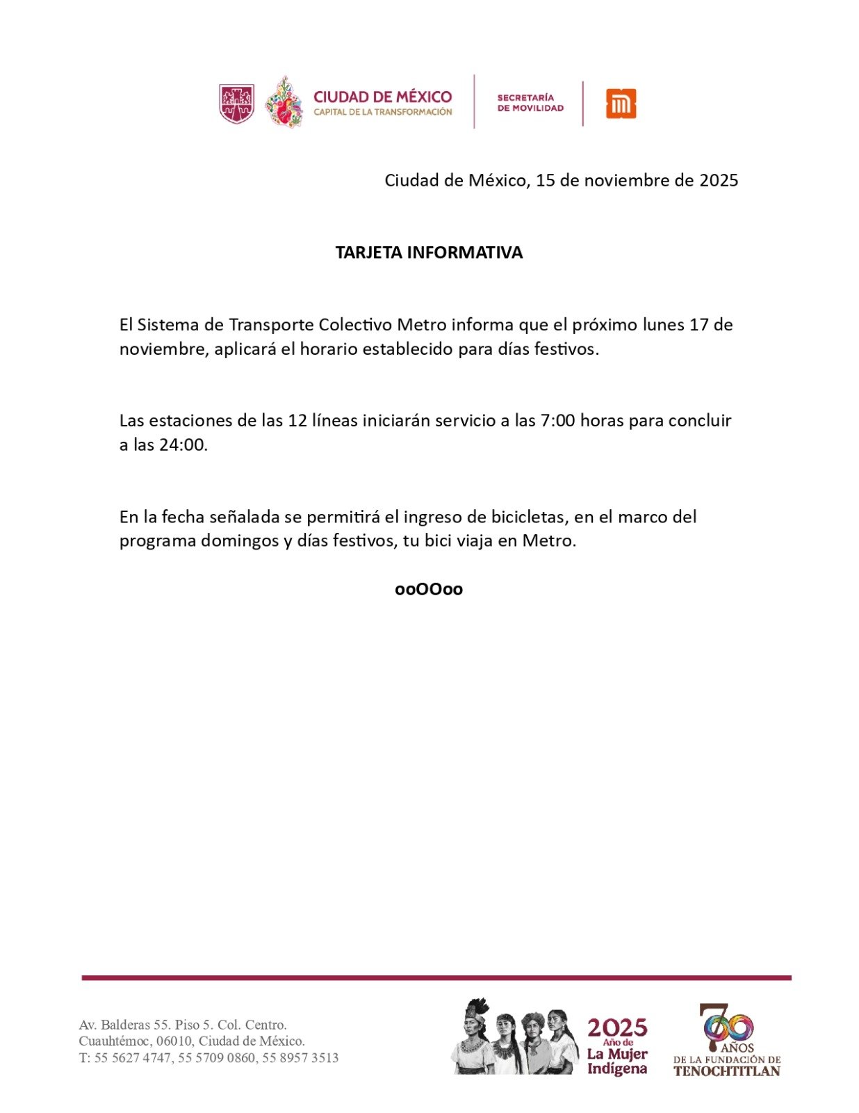 Horario del Metro de la CDMX del lunes 17 de noviembre