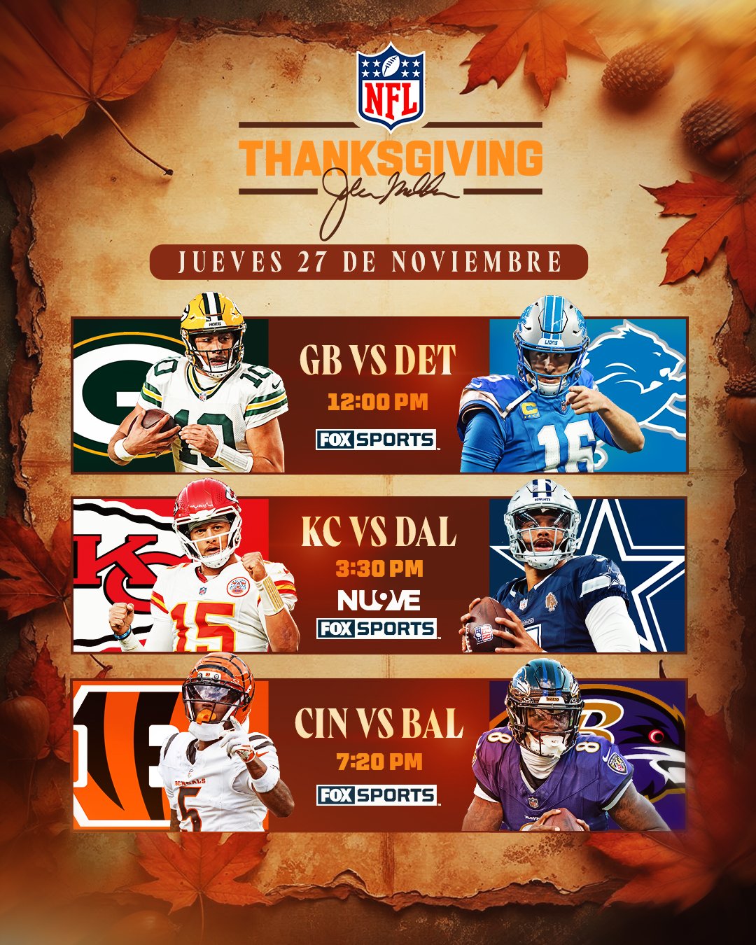 agenda para ver en vivo los juegos de Thanksgiving 2025