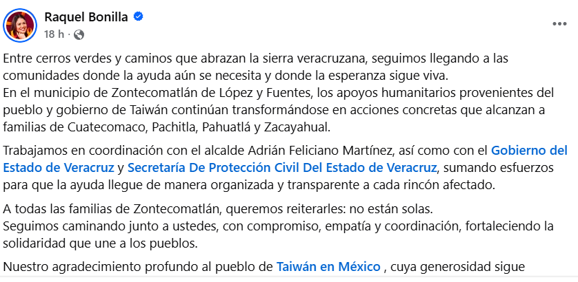 Senadora pone su nombre a ayuda humanitaria para Veracruz "por solicitud de la Embajada"
