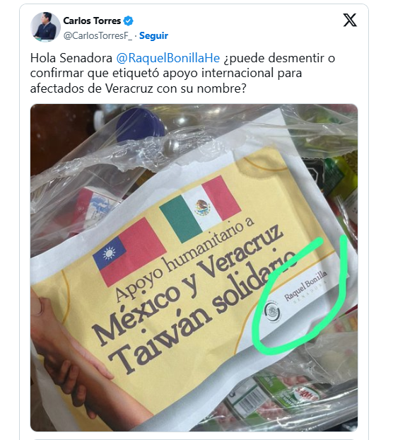 Senadora pone su nombre a ayuda humanitaria para Veracruz "por solicitud de la Embajada"