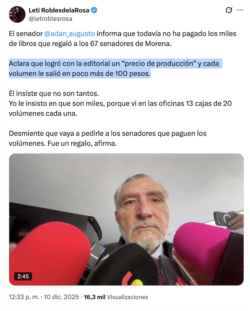 Adán Augusto y los más de 17 mil libros de AMLO que envió al Senado
