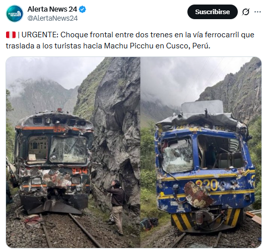 Choque de trenes rumbo a Machu Picchu deja un muerto y 30 heridos en Perú