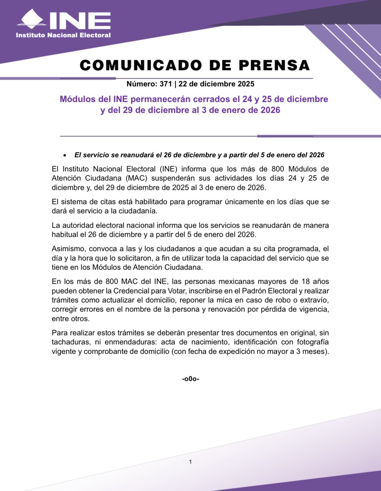 Comunicado oficial INE